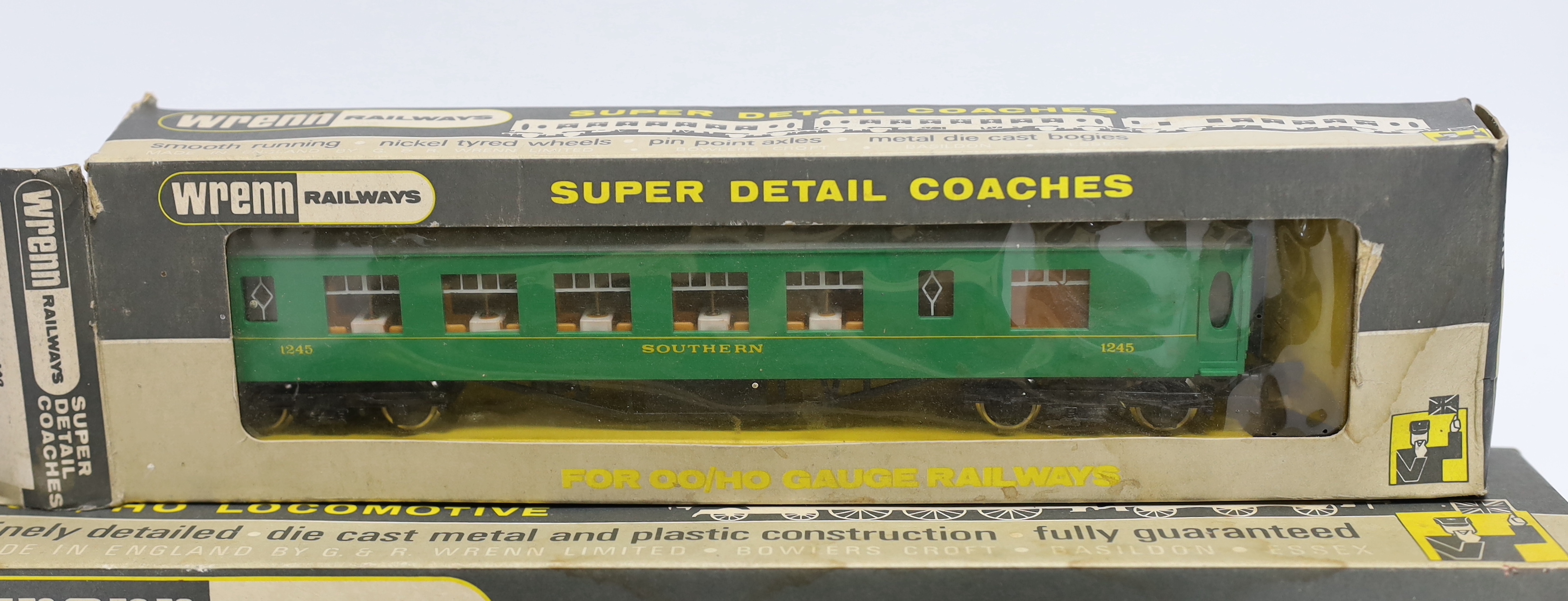 Four boxed Wren Railways 00 gauge locomotives; an LNER Class A4, Golden Eagle 4482 (W2209), a Southern Railway Class 4MT, 1927 (W2245), a BR Class 20 Bo-Bo diesel loco D8017 (W2230) and a Shell 0-6-0T locomotive (W2203),